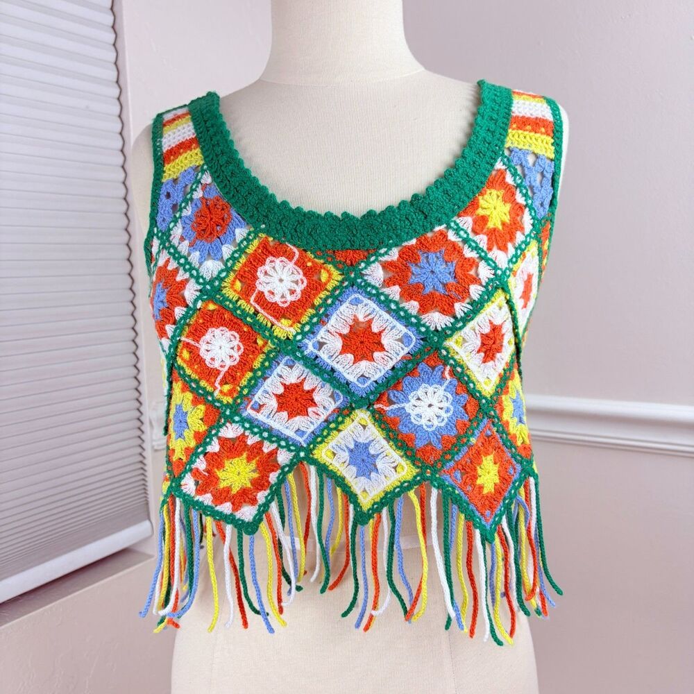 Y2K Crochet Crop Top Granny Square Knit Cottage Grannycore Boho Sweater